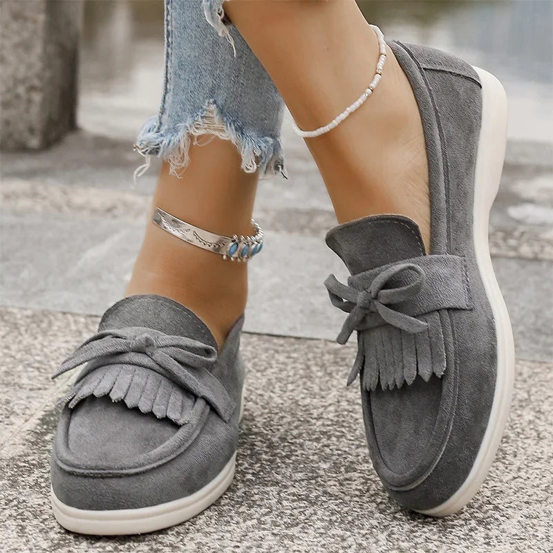 Retro Tassel Bowknot Flats Shoes Women Solid Color Faux Suede Flat Shoes Woman Wear Resistant Plus Size 36-43 Casual Shoes Lady