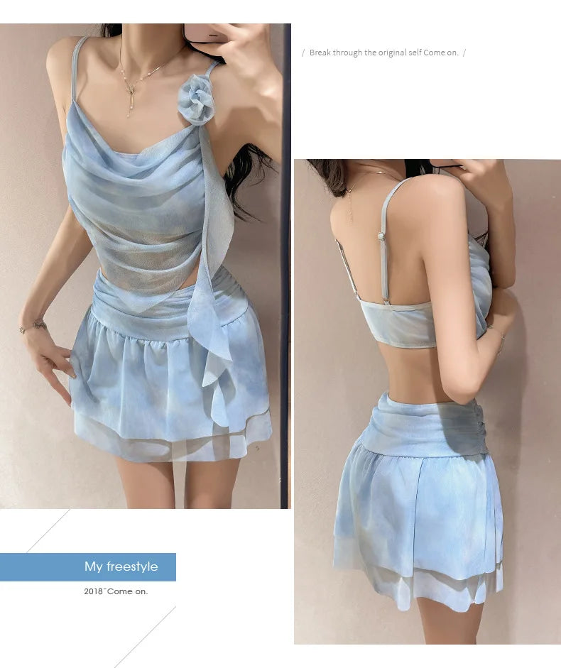 Swimsuit Women's Two-piece Fairy Style Sexy Hot Spring Skirt Style Three-dimensional Flower Ribbon Swimsuit