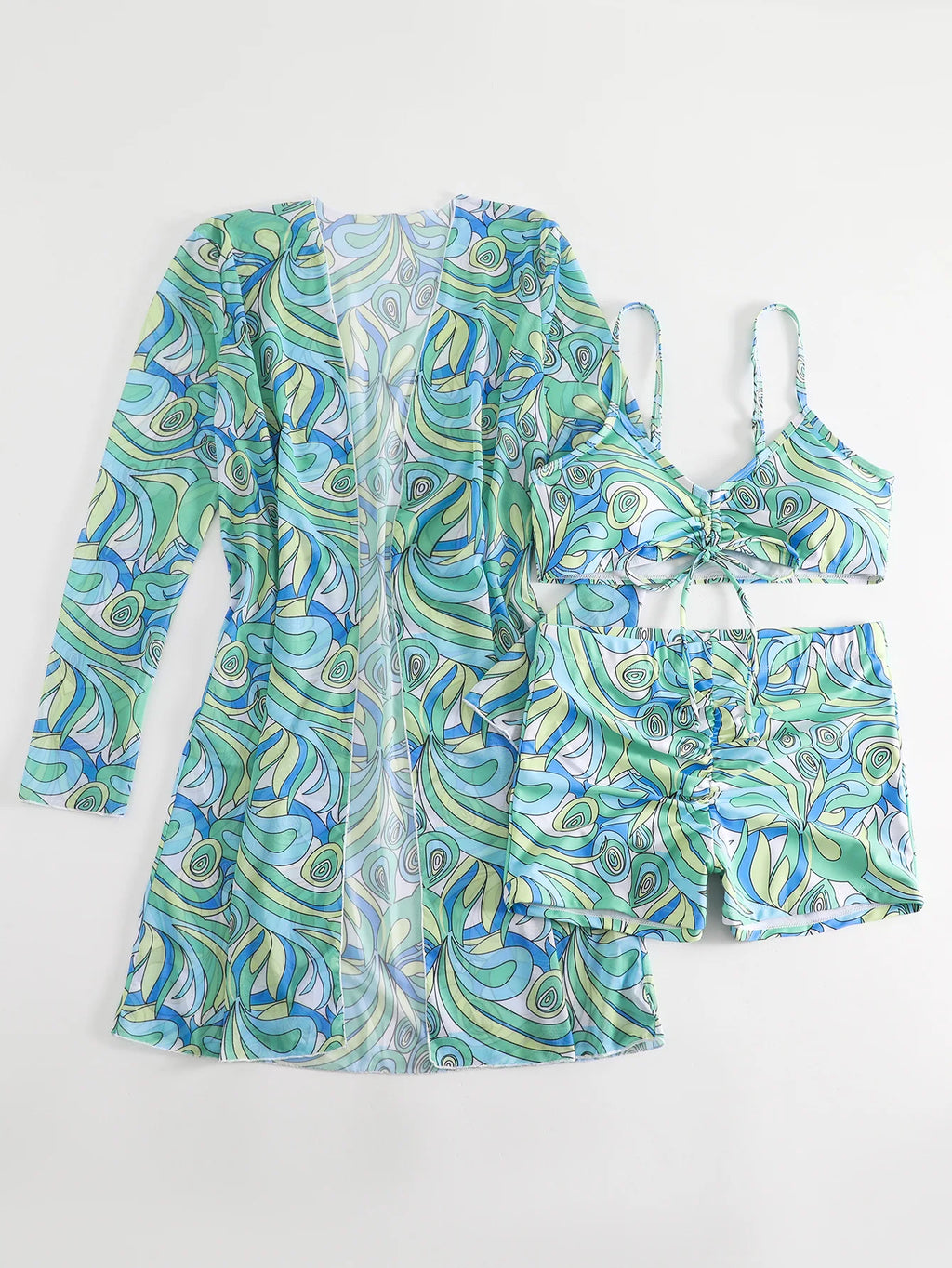 New Sexy 3 Pieces Suit for Women Neck Hanging Bikini Set+Cover-up Swimwear Sunproof Tankini High Waist Shorts Swimsuit Beachwear