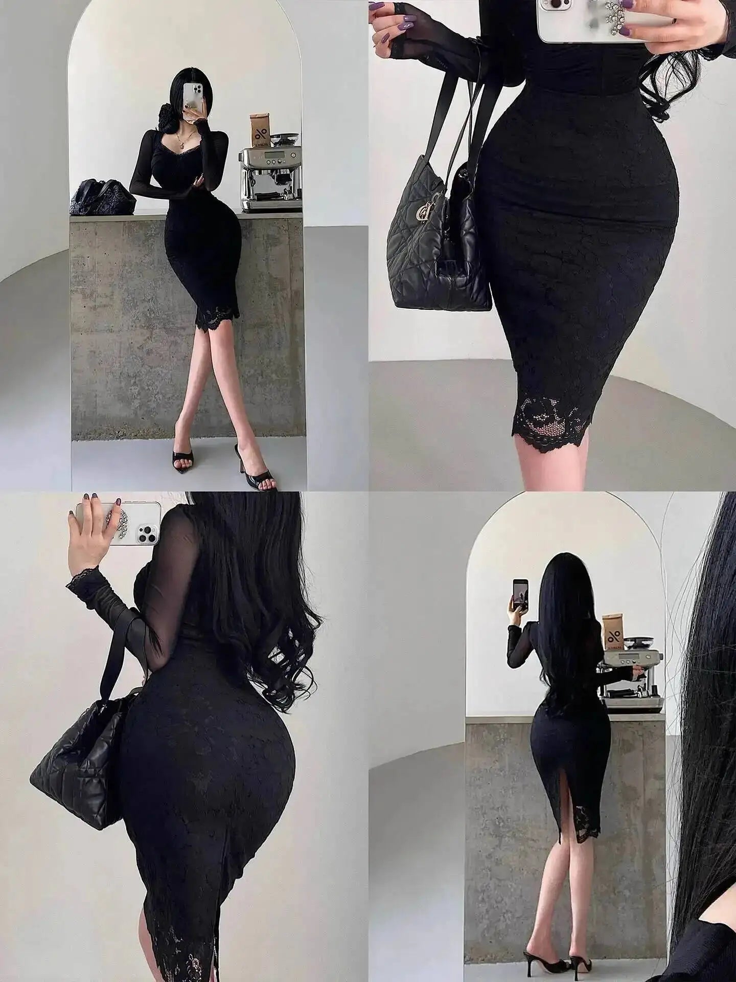 Pure Desire Style High Waist Back Slit Lace Bodycon Midi Skirt Fashion Slim Women Long Skirts PNC2