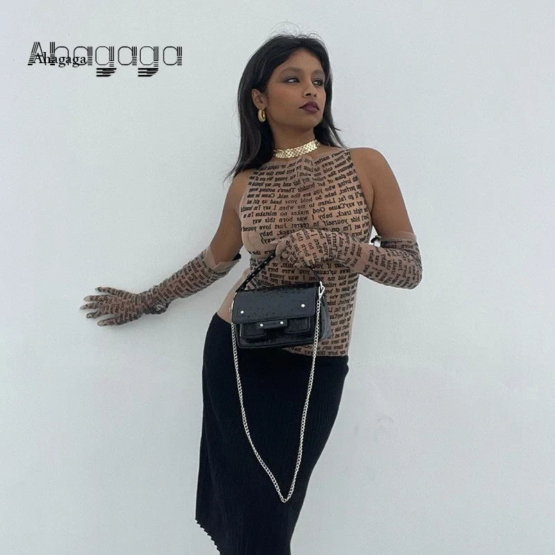 AHAgaga Sexy Tee T-shirt Women 2025 Summer Casual Letter Print Skinny See Through With Gloves Cropped Shirts Women Female Blusas