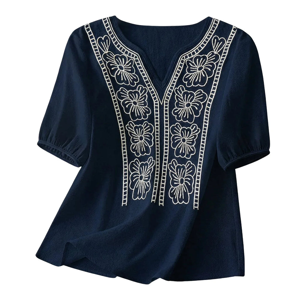 Women Summer Loose Embroidered V Neck Solid Color Short Sleeved Comfortable Button Down Shirt Top женская одежда