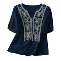 Women Summer Loose Embroidered V Neck Solid Color Short Sleeved Comfortable Button Down Shirt Top женская одежда