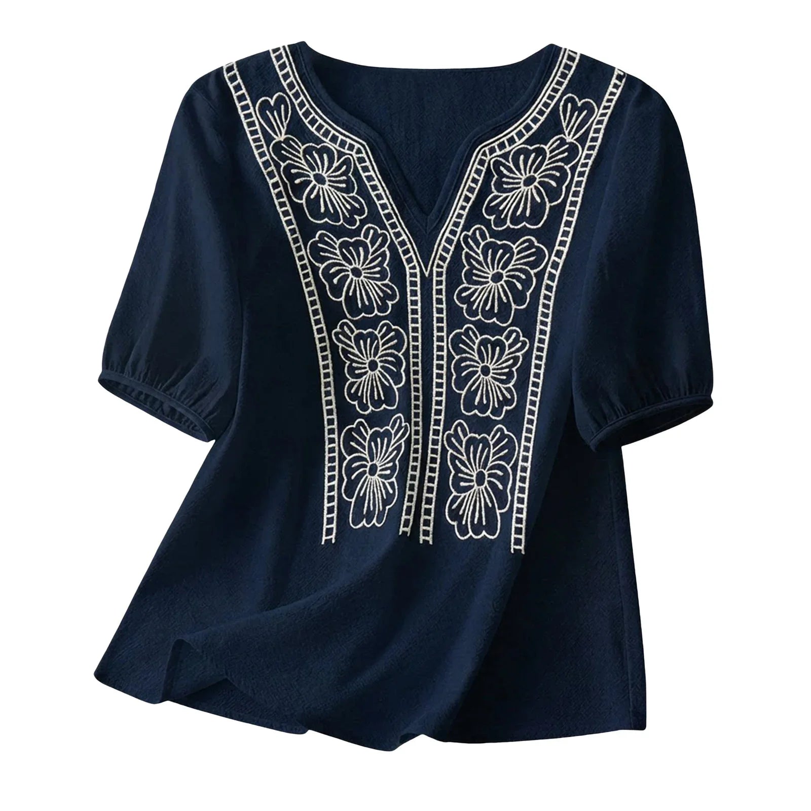 Women Summer Loose Embroidered V Neck Solid Color Short Sleeved Comfortable Button Down Shirt Top женская одежда