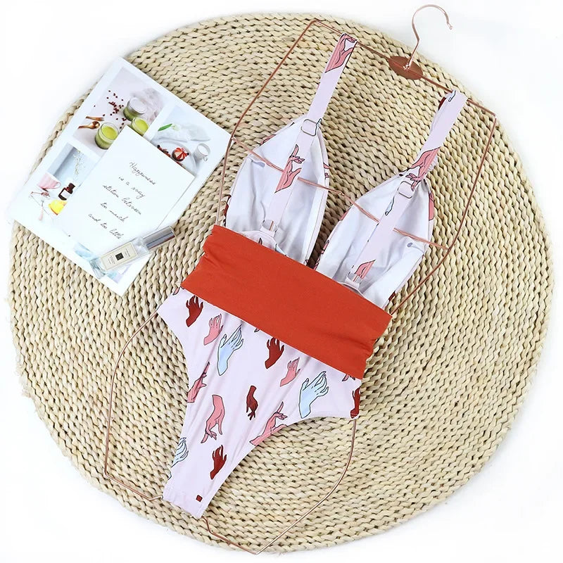 2026 New Sexy One Piece Swimsuit Swimwear Women Deep V-neck Backless Hands Print Large Bowknot High Waist Beachwear Bathing Suit