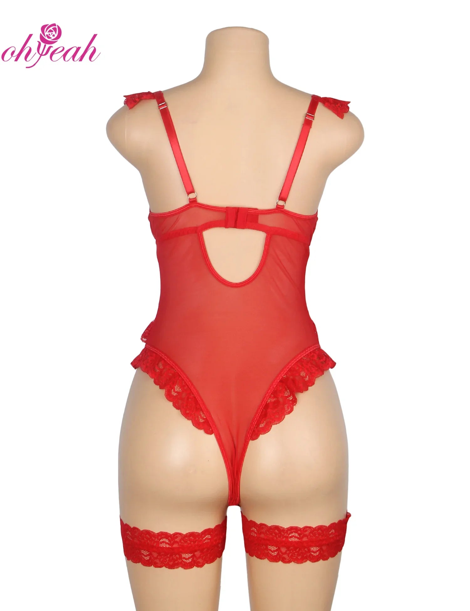 Plus Size Sheer Mesh Teddy Bodysuit for Women Sexy Lace Lingerie Set with Adjustable Garter Belt Curvy Nightwear Romantic Outfit