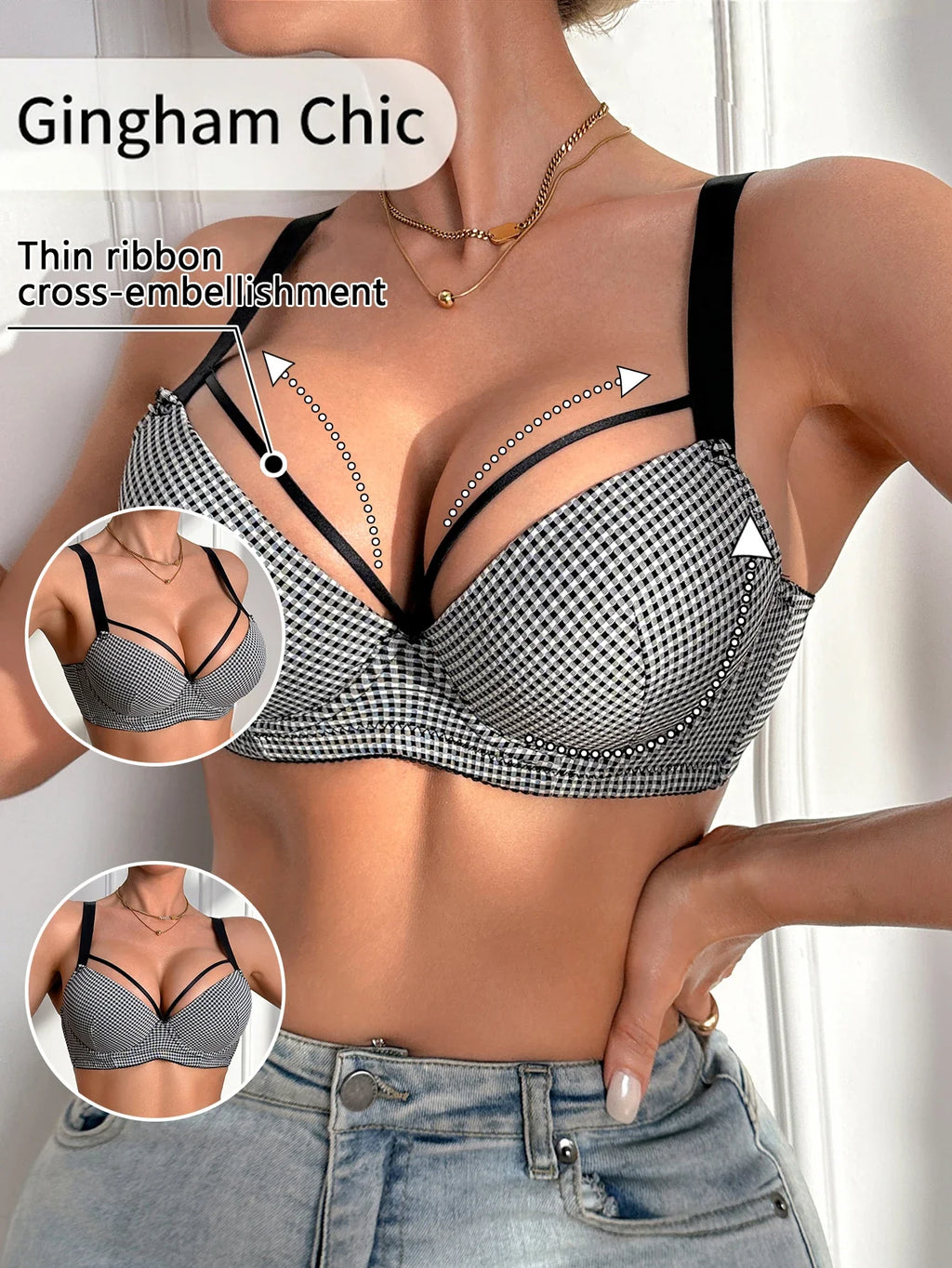 Women's Gingham Push Up Bra Plunge Underwire Underwear Sexy Crisscross Lift Up Comfortable Bra for Daily Wear