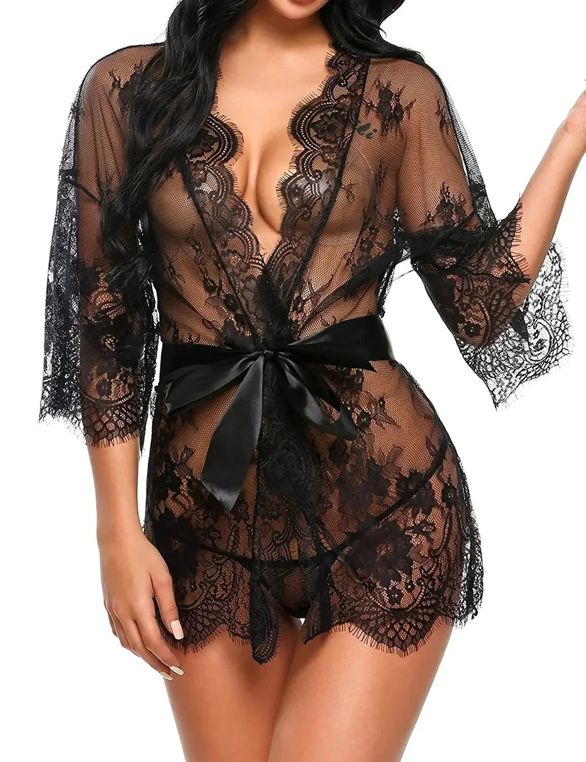 See Through Lace Babydoll Women Sexy Lingerie Erotic Transparent V-Neck Nightwear Robe G-string Robe Sleepwear Dress