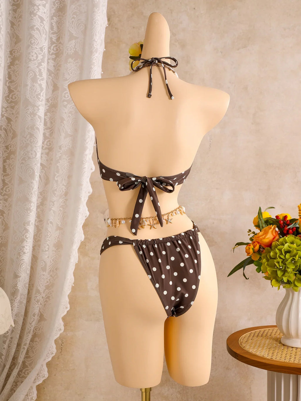 Polka Dots with Mesh Skirt Halter Shell Bikini Women Swimwear Female Swimsuit Three-pieces Bikini Set Bather Bathing Suit Swim