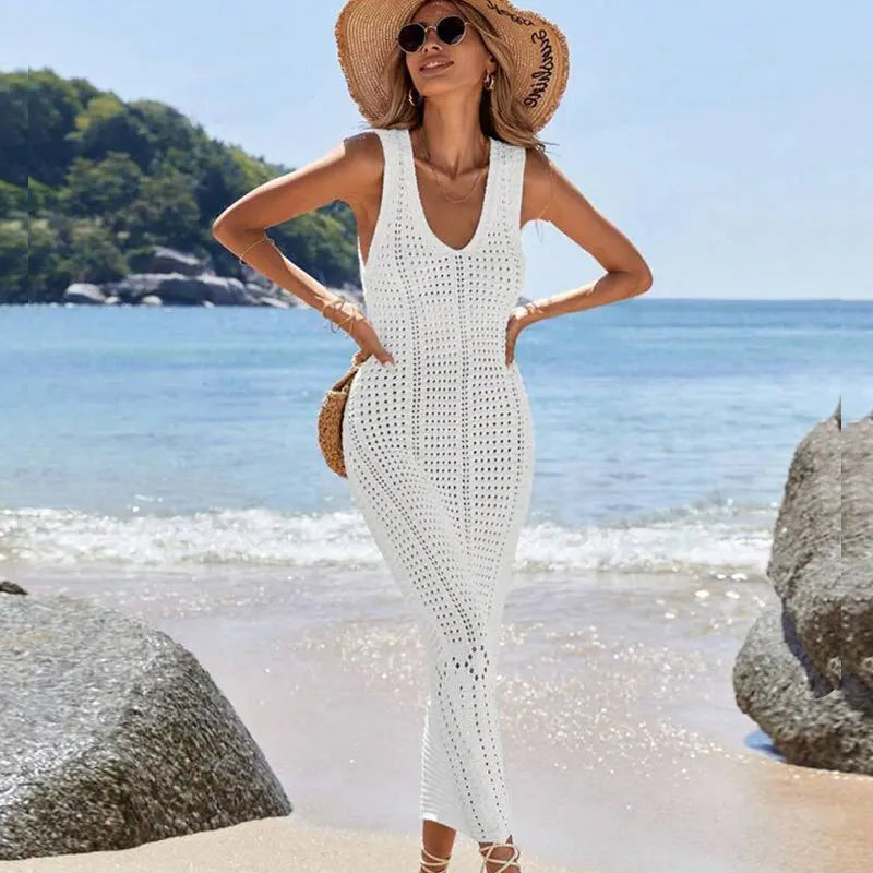 S - XL 2025 V Neck Hollow Out Crochet Knitted Tunic Beach Cover Up Long Cover-ups Beach Dress Beach Wear Beachwear Female Women