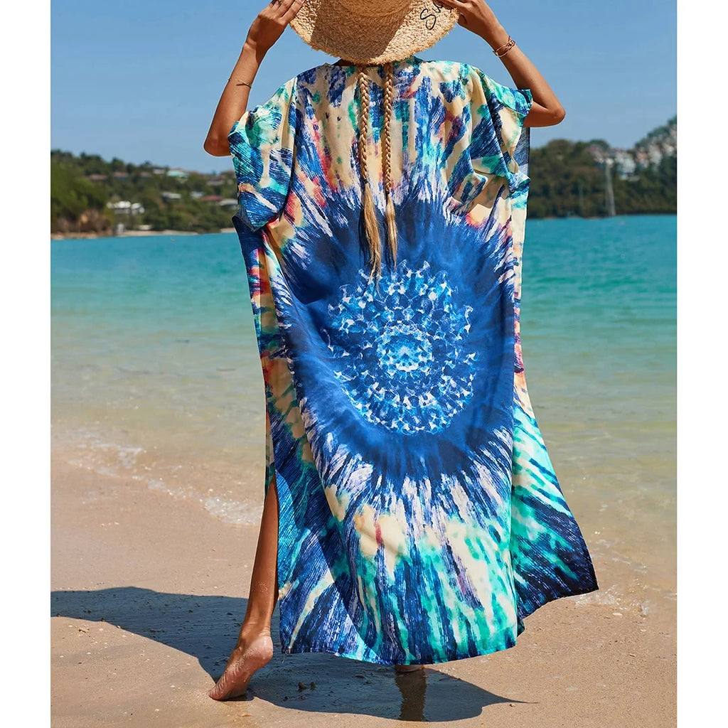 2026 New Colorful Kaftan Tunic Beach Dress Beach Wear Beachwear Beach Cover Up Cover-upsLoose Maxi Dress Female Women V4428