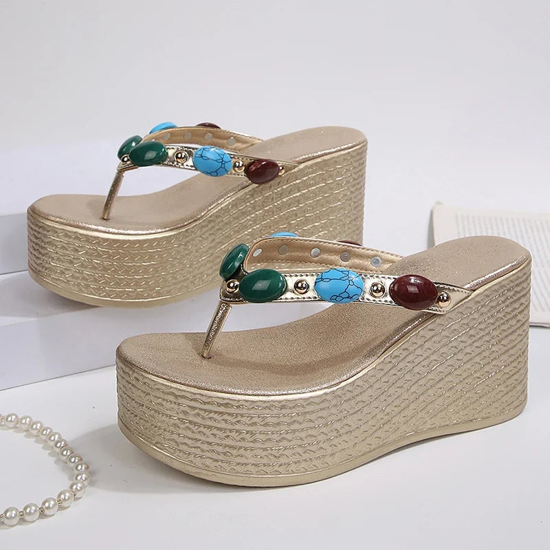 Luxury Gem Chunky Platform Flip Flops Women 2026 Summer Clip Toe Wedge Heel Sandals Woman Plus Size 43 Thick Sole Beach Slippers