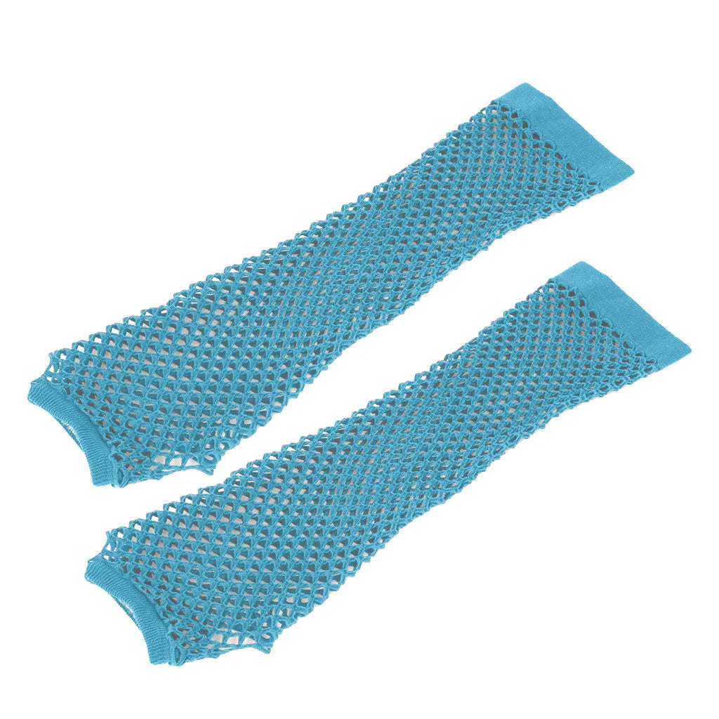 Blue Neon Fishnet Fingerless Long Gloves Arm Cuff Party Wear Fancy Dress For Women Sexy Girls Punk Gothic Dance Party Mesh Glove