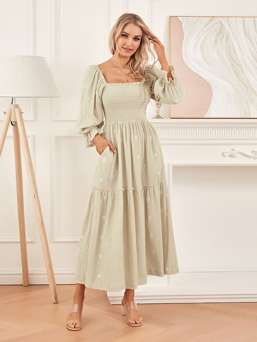Women Spring Fall Long Dress Long Sleeve Dress Square Neck Embroidery Flower Loose Swing Dress Wit Pocket