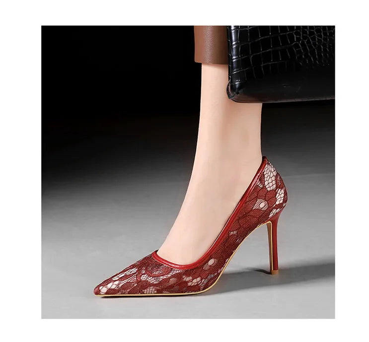 NASBAVI Sexy Lace High Heels Net Gauze Thin Heel Pointed Toe Slimming Nightclub Style Low Heel Single Shoes 41 42 43