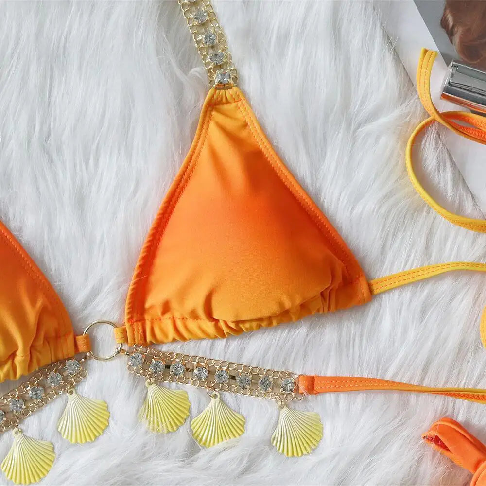 Women's Bikini Sexy Strap Gradient Print Luxury Crystal Diamond Bikini Shell Swimsuit