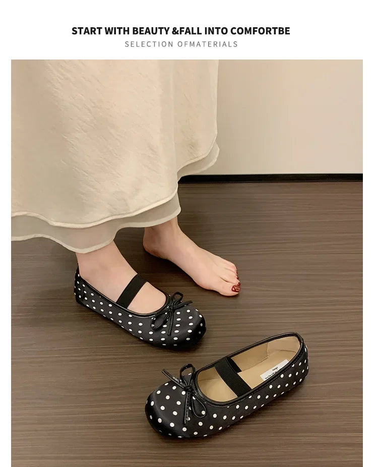 Polka Dot Women Ballet Flats Comfortable Round Toe Elastic Band Shoes Street Style Soft Sole Ladies Eelgant Wedding Dress Shoes