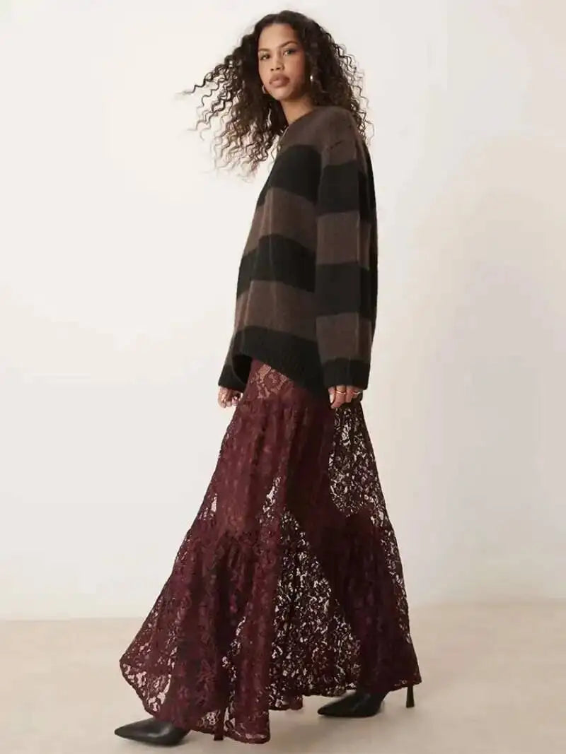 Mesh Sheer Lace Skirts Women High Waist Street Fashion Loose Hollow Out Long Skirt Party Sexy Patchwork Clubwear 2026 50JZ