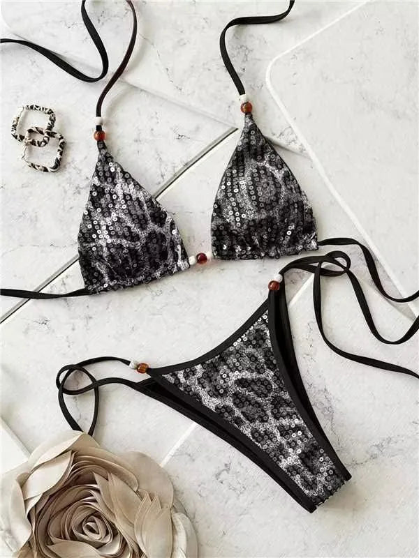 Sexy Coffee Leopard Print Micro Bikini 2026 Women Pearls Trap Push Up Bra Tie Side Thong Swimsuit Bathing Suit Holiday Swimwear