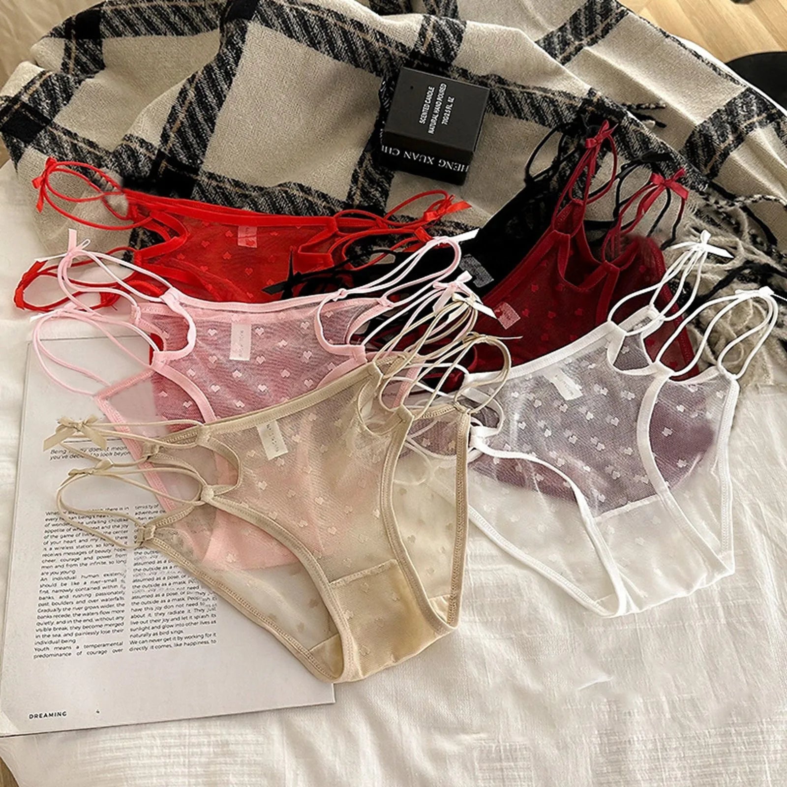 2026 Womens Briefs Sexy Love Mesh Transparent Low Waist Triangle Pants Thin Bow Knot Hollow Breathable Thongs Ruffled Panties