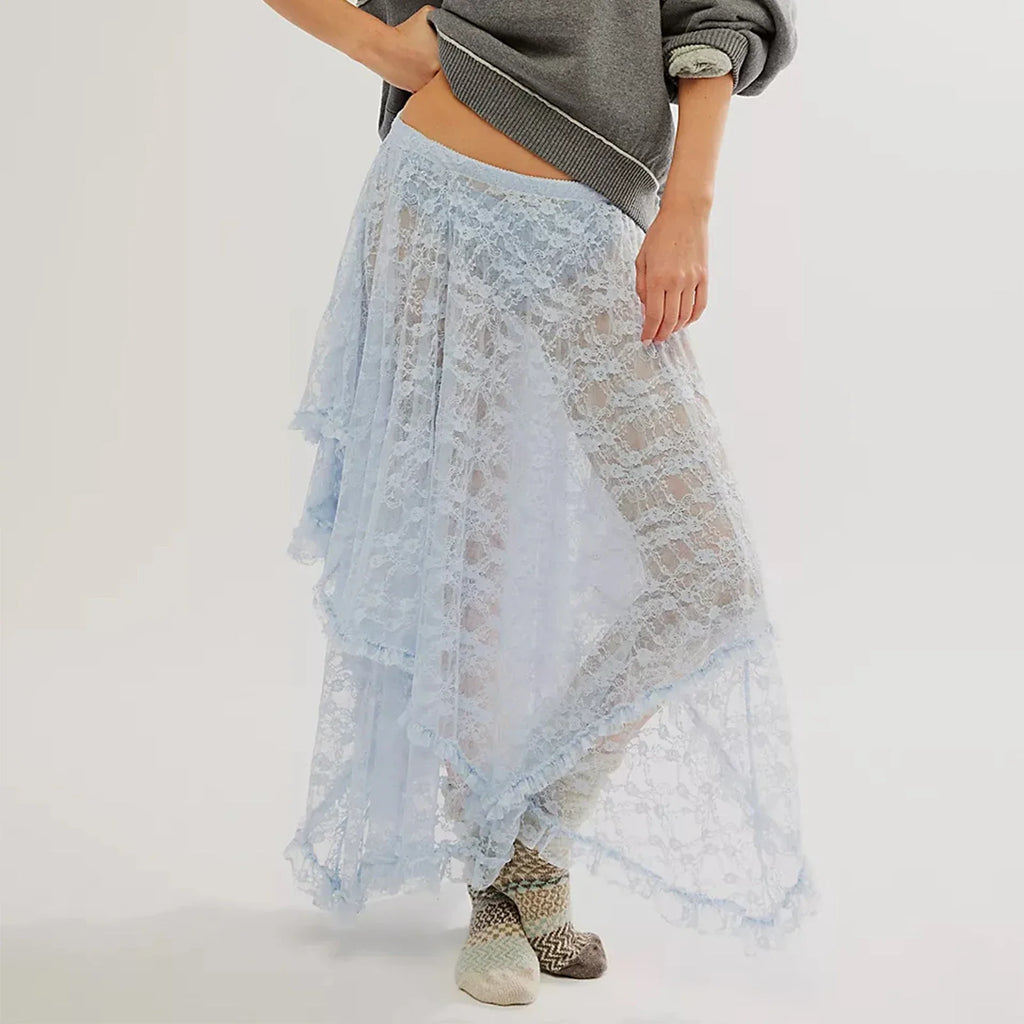 Women's Solid Color Midi Skirts Lace Elastic High Waist Skirts Spring Summer Sweet Irregular Hem Casual Skirts