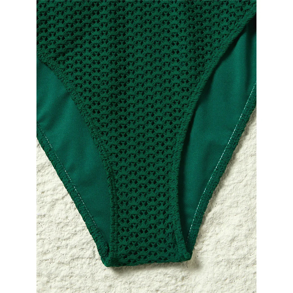 S - XL Deep V Neck Knit Fish Net Mesh Women Swimwear One Piece Swimsuit Female Monokini Backless Bather Bathing Suit Swim V7832