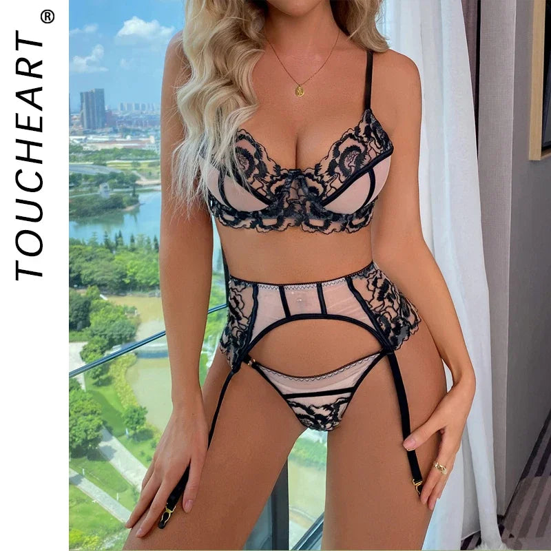 Toucheart Sexy Lingerie Set Mesh Lace Patchwork Sexy Underwear with Ring Waist Seal Women's Underwear Exotic Style Sexy Suit New