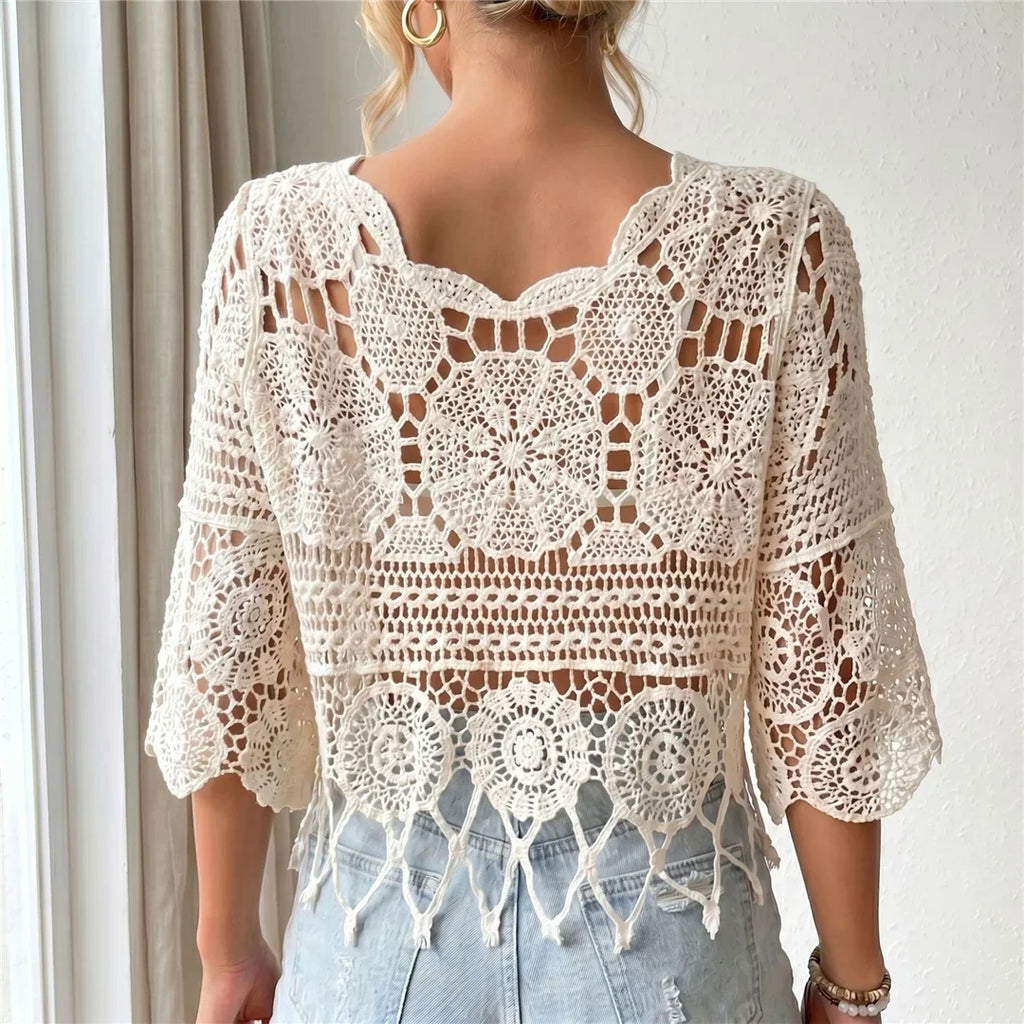 Half Sleeve Hollow Out Solid Crochet Knitted Tunic Beach Cover Up Cover-ups Beach Dress Beach Wear Beachwear Female Women V8401