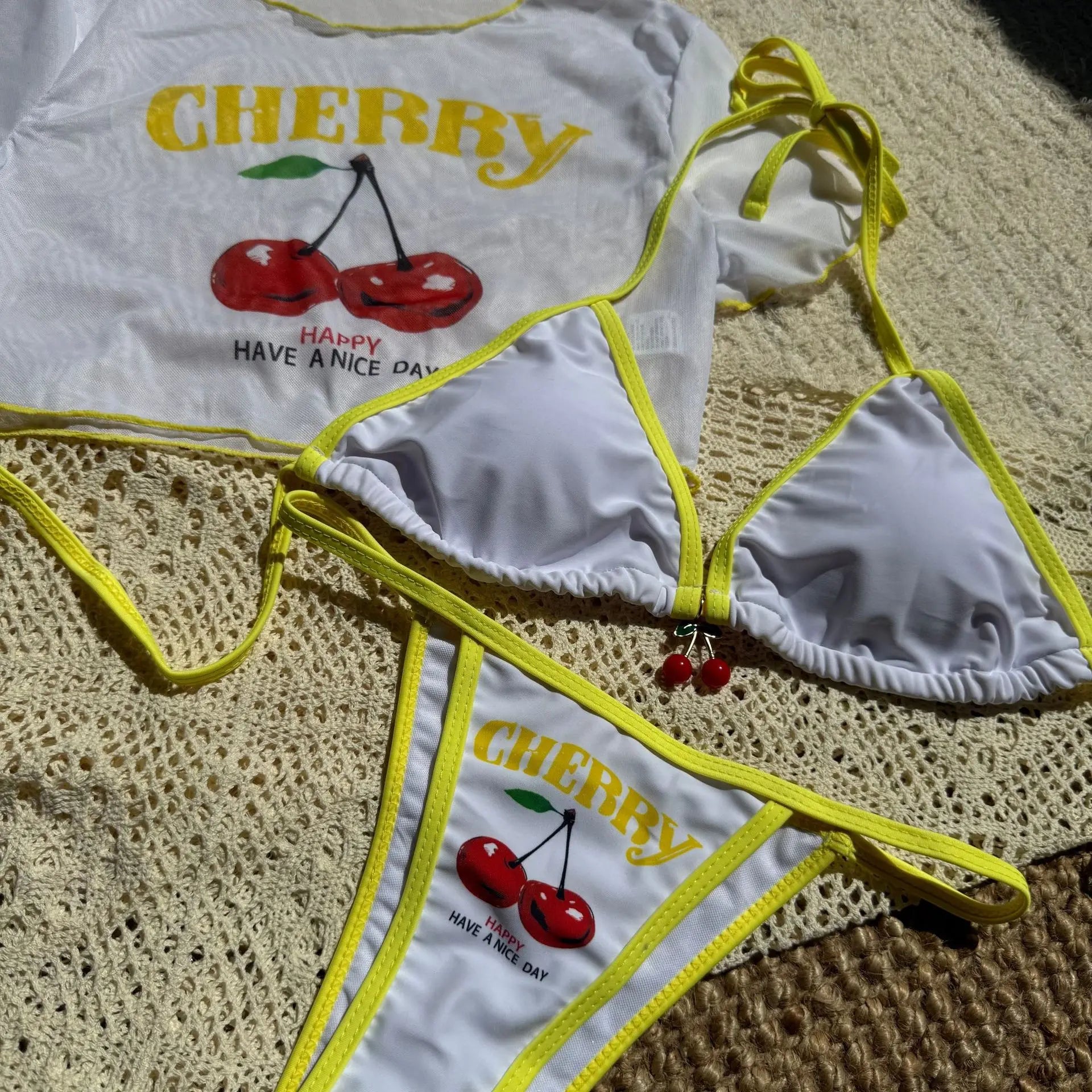 Cherry Print Mesh Short Sleeve Mini Bikini Female Swimsuit Women Swimwear Three-pieces Bikini Set Bathing Suit Swim Beachwear