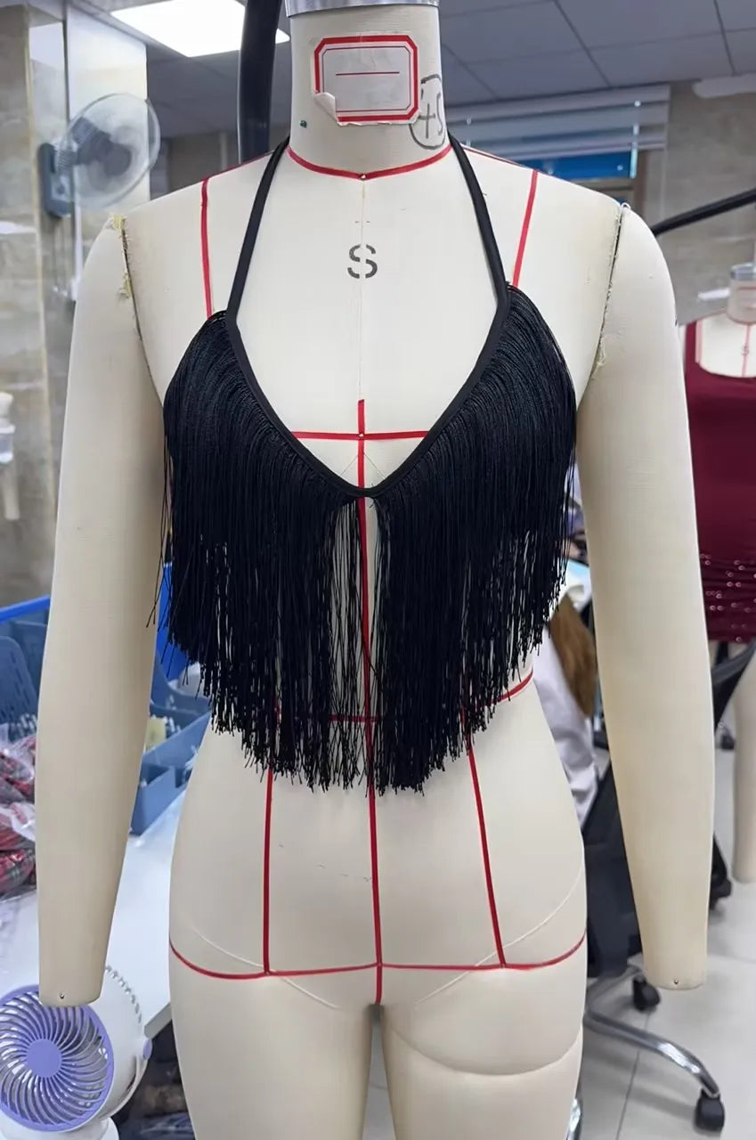 Women's Halter Neck Lingerie Bralette Elegant Solid Color Tassel Sleeveless V Neck Crop Tops for Dance Disco Club Daily Wear
