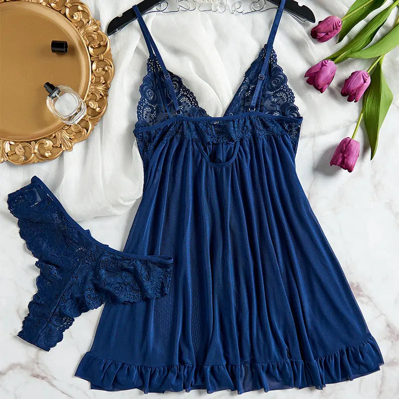 Tulle Suspenders Exquisite Lace V-Neck Nightdress Women's Underwear Semi-transparent Thong Dress Set Lingerie Nightgowns