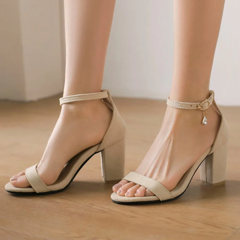Beige Suede Ankle Strap Block Heel Sandals for Women, Round Open Toe with Rhinestone Accent, Multiple Colors Available