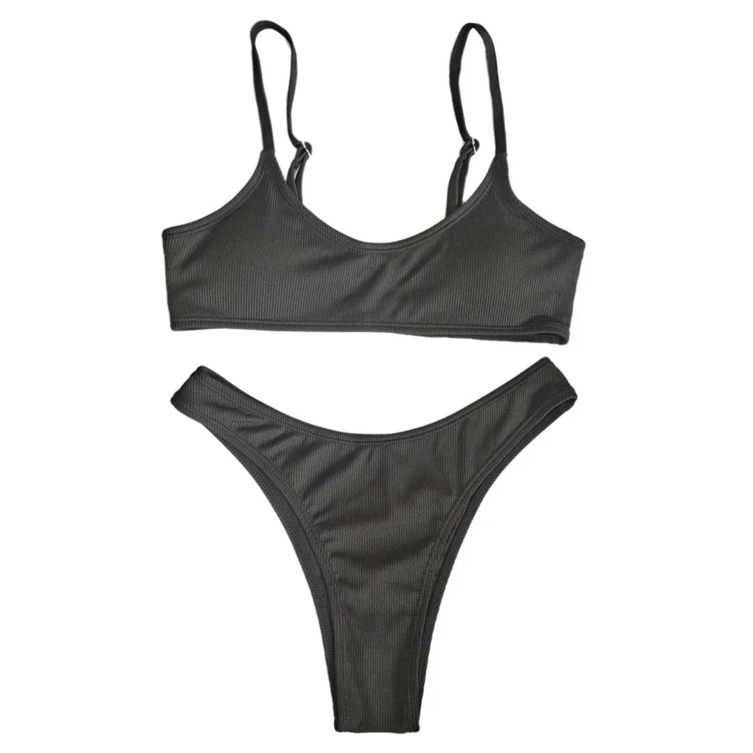 Ribbed High Leg Cut Bikini Female Swimsuit Women Swimwear Two-Pieces Bikini Set Brazilian Padded Bather Bathing Suit Swim V7126