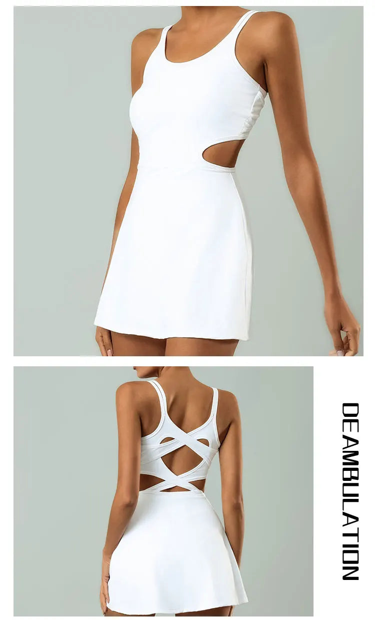 Tennis Dress Women Sleeveless Push Up Padded Sport Dresses Training Running Fitness Hollow Out Backless Slim Badminton Suit
