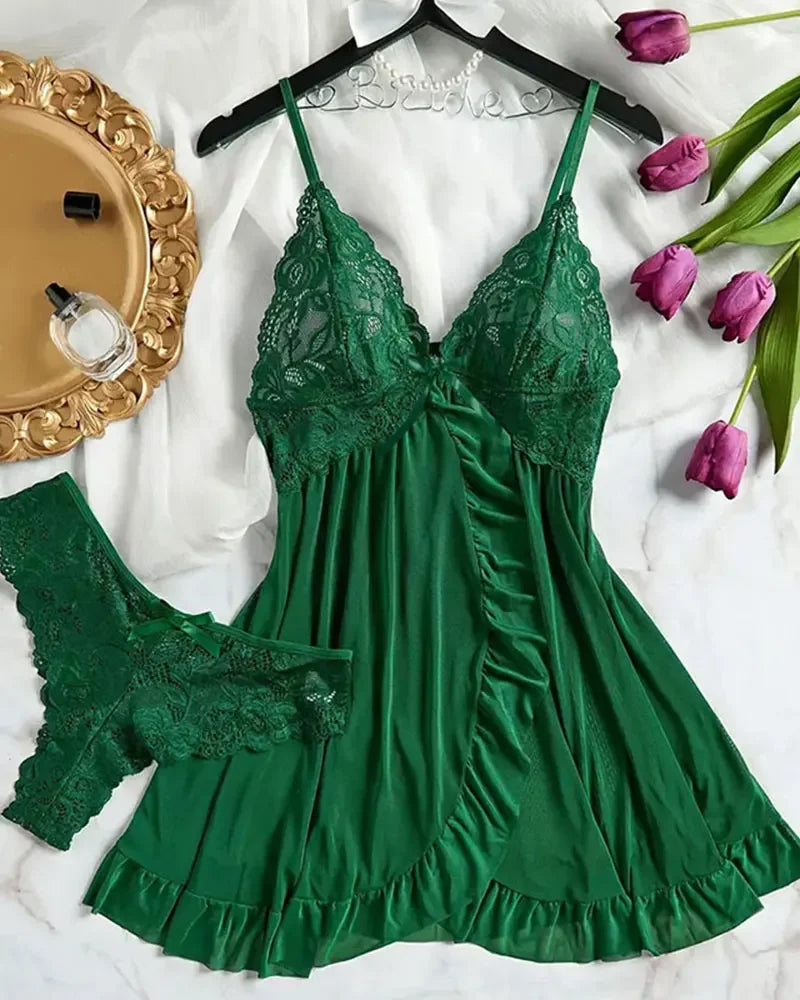 Summer Soft Sheer Nighty Pajamas Nightgowns Dark Green Halter Dress Women Sleepwear Sexy Nightdress Thong Sets