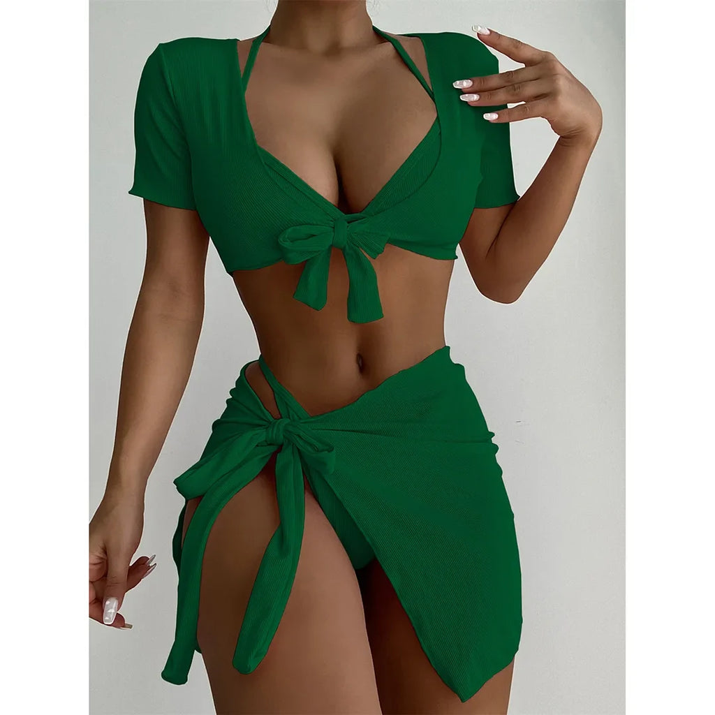 XS - L Ribbed Halter Bikini Women Swimwear Female Swimsuit Four-pieces Bikini set With Sarong Bather Bathing Suit Swim V3152B