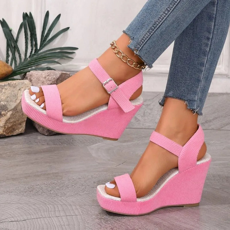 2026 New Platform Wedge Sandals Solid Color Round Headed Square Buckle  High-heeled Sandals