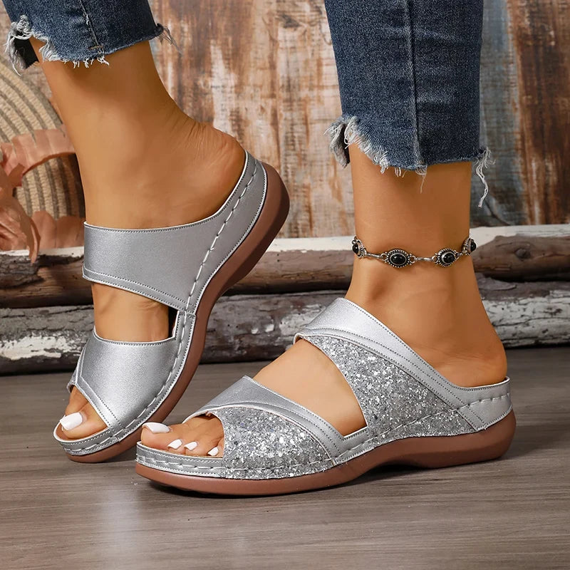 Golden Glitter Platform Sandals for Women Summer Lightweight Wedge Heel Sandles Woman Plus Size 43 Thick Sole Sandalias Mujer