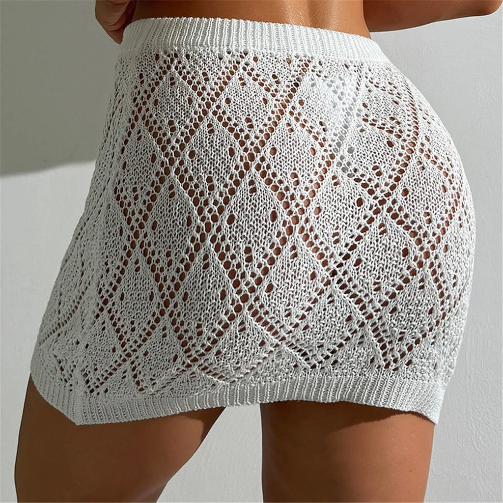 Sexy Hollow Out Crochet Knitted Tunic Beach Cover Up Cover-ups Beach Dress Beach Wear Beachwear Mini Skirt Female Women K6587