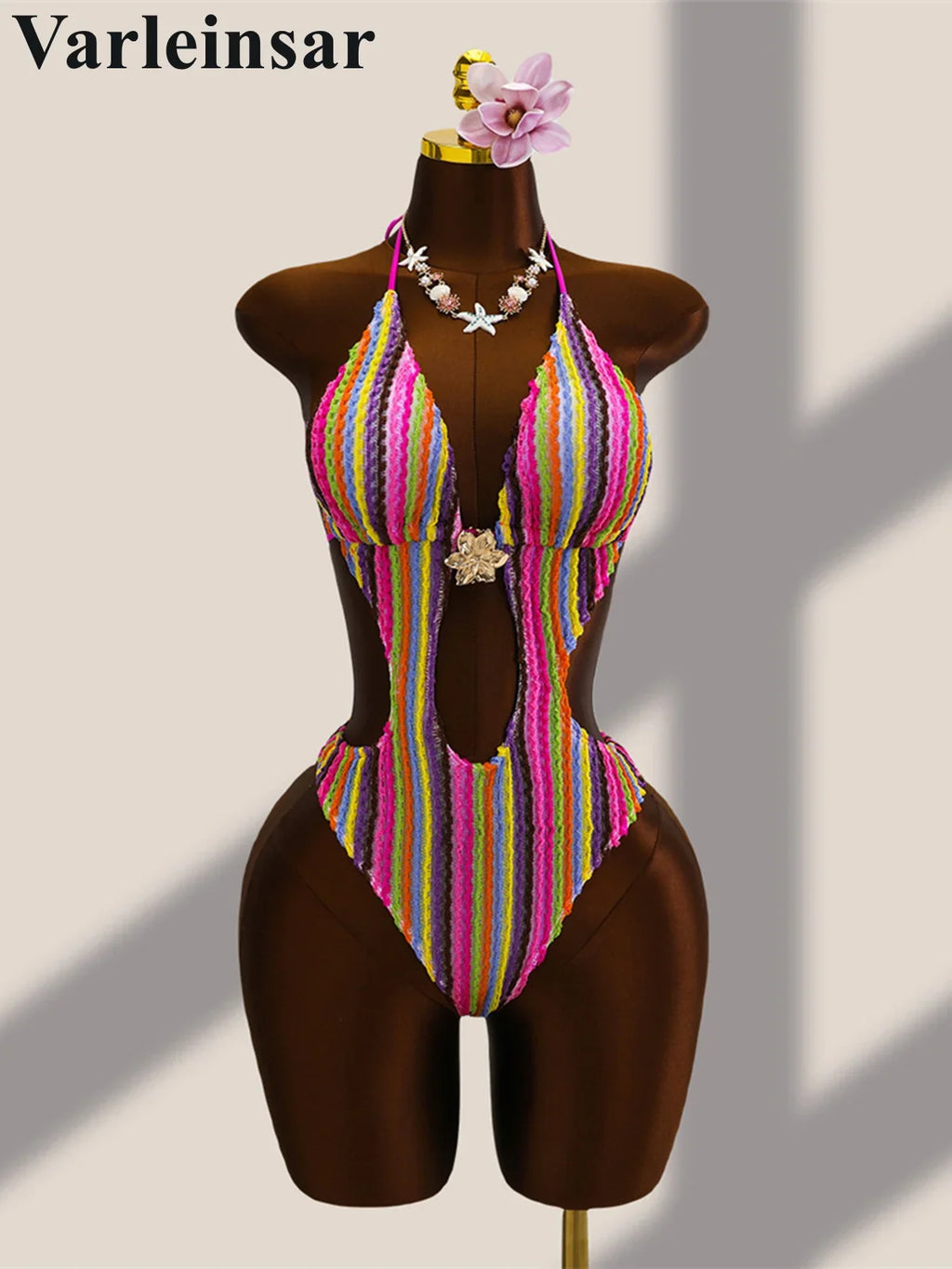 Striped Colorful Halter Cut Out One Piece Swimsuit Women Swimwear Female Monokini High Leg Cut Bather Bathing Suit Swim V8304