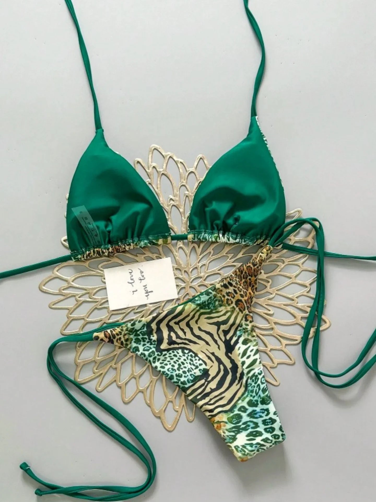 Sexy Green Leopard Print Micro Bikini 2026 Women Halter Push Up Bra Tie Side Thong Swimsuit Beach Bathing Suit Vacation Swimwear