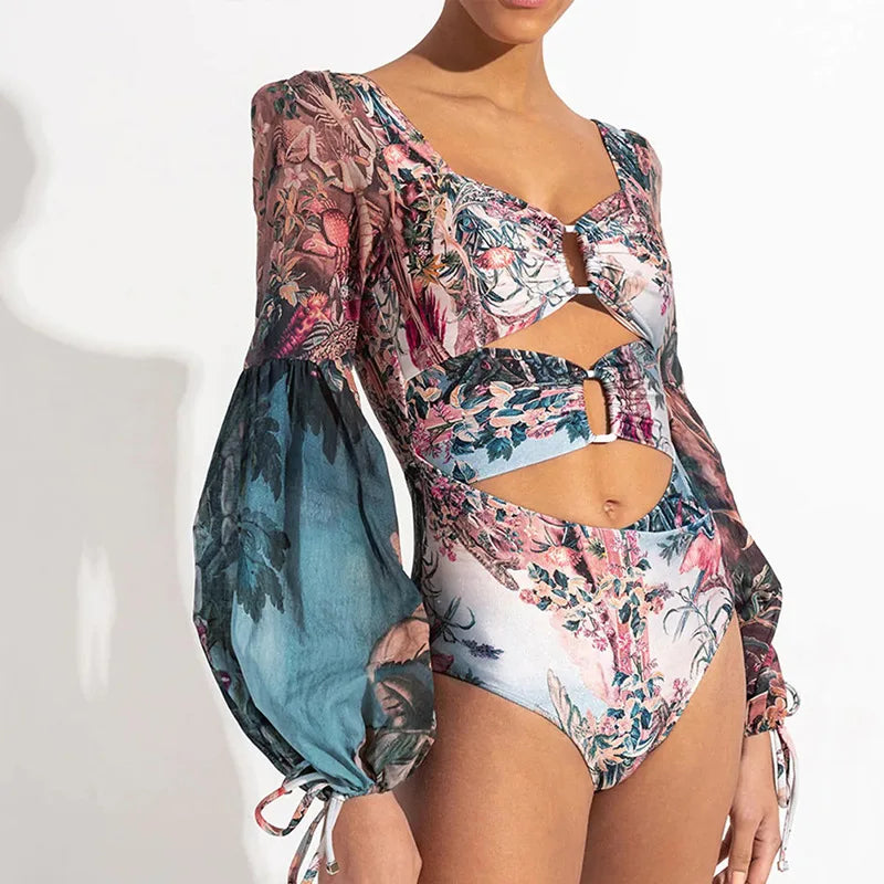 One Piece Swimsuit Sexy Long Sleeve Tropical Print Swimwear Women Bandage Monokini Hollow Out Bathing Suit String Beachwear 2023