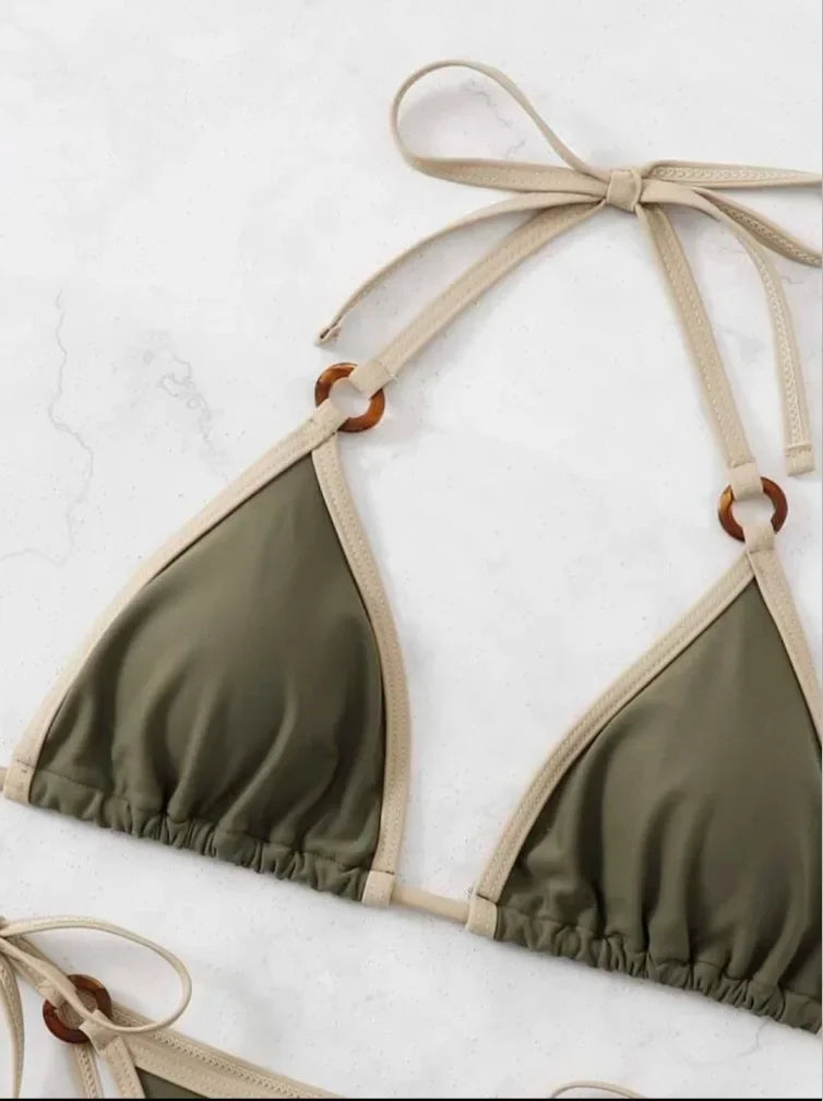 Women Green Halter Micro Ring String Bikini Sets Two Pieces Tie Thong Swimsuit Swimwear Bathing Suit Beach Outfits Biquini