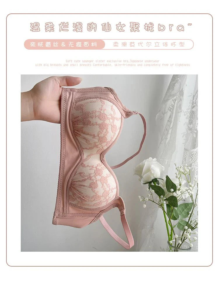 Summer Lace Half Cup Bra Small Bust Beachwear Gathering Light Support Pure Bralette Ultra Thin Wirefree Set AU MOYISU S-XL-32-38