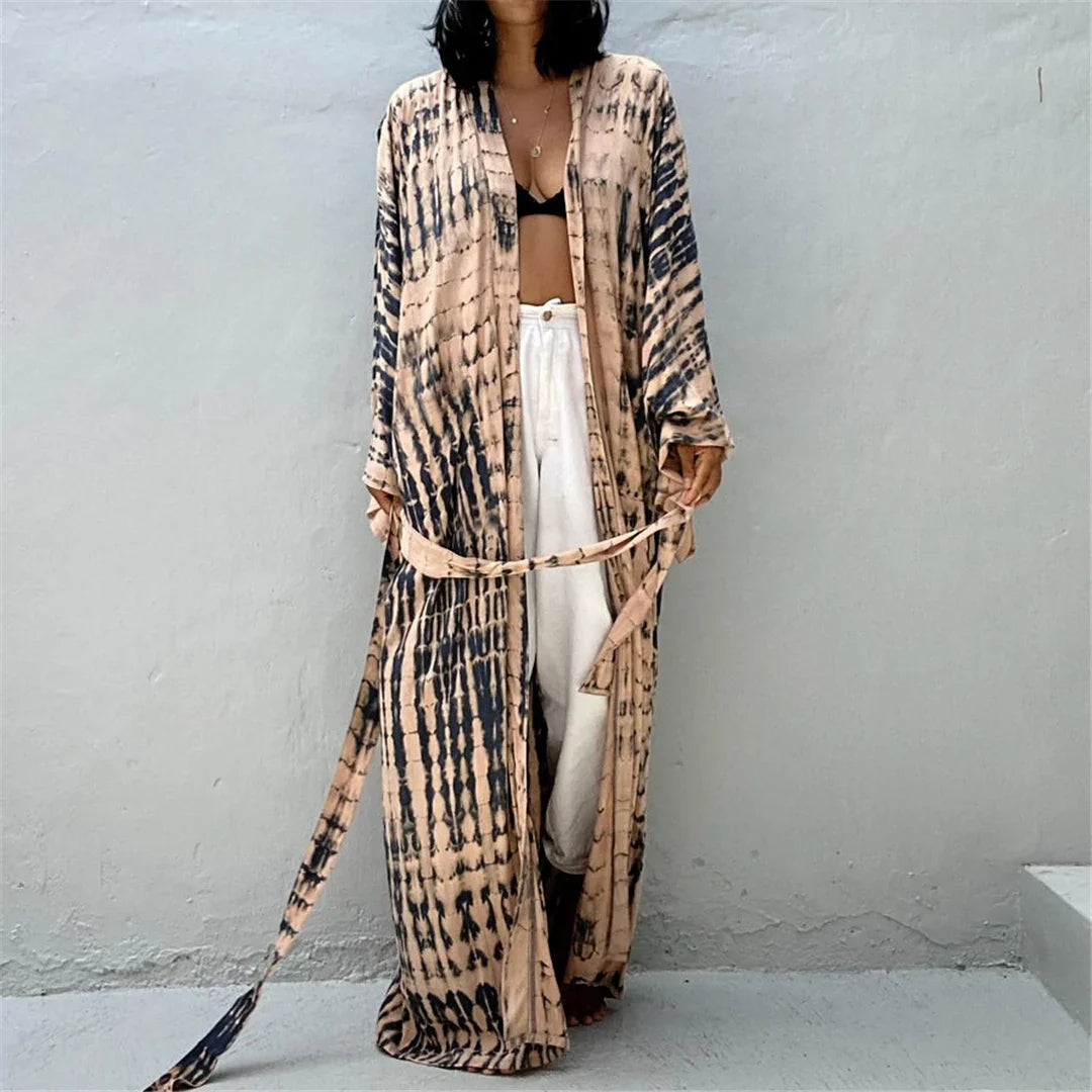 New 10 Colors Printed Long Sleeve With Belt Tunic Beach Cover Up Cover-ups Beach Dress Beach Wear Beachwear Female Women V4521