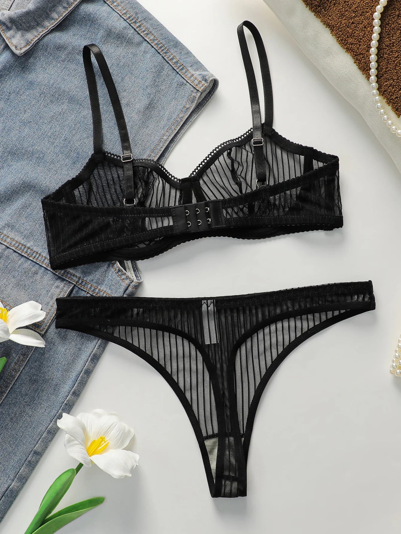 Solid color transparent lace stripe 2-piece set paired with sexy thong new women's underwear set girls Lingerie
