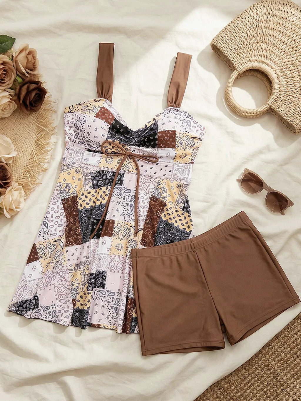 Vintage Black Flower Print Skirt Bikini Set 2026 Front Bow Crop Top Bathing Suit Swimwear Women's High Waist Swimsuit Tankini