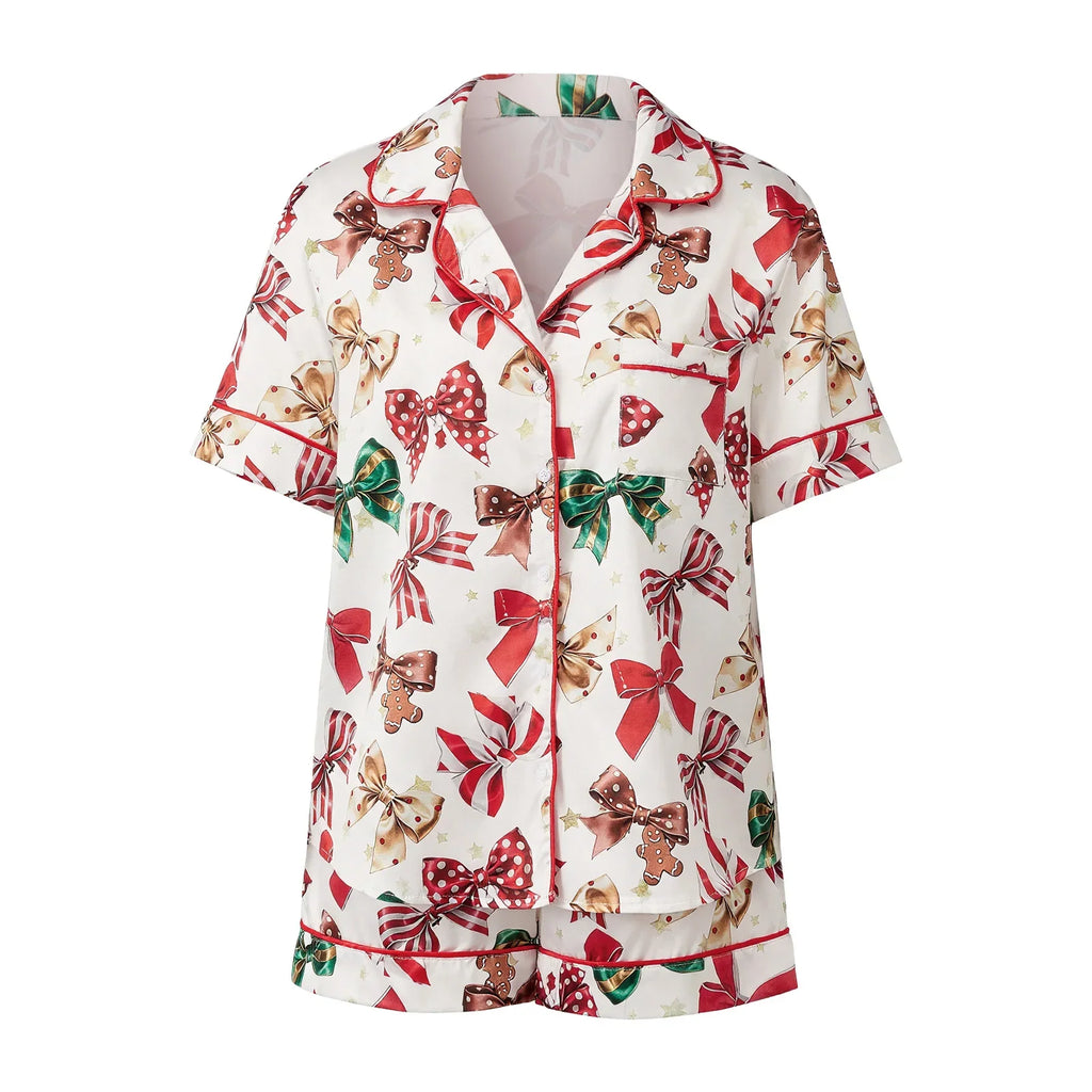 Women's Satin Christmas Pajama Set Short Sleeve Lapel Christmas Elements Print Shirt Shorts Two Pieces Sleepwear