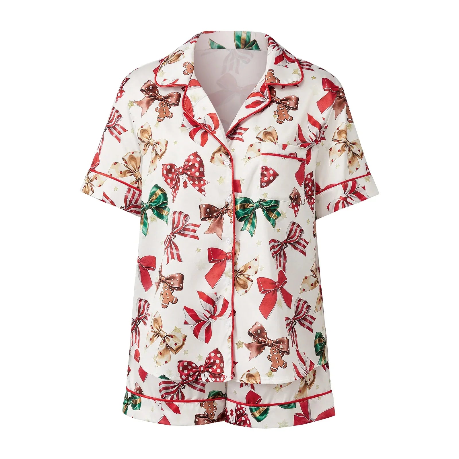 Women's Satin Christmas Pajama Set Short Sleeve Lapel Christmas Elements Print Shirt Shorts Two Pieces Sleepwear