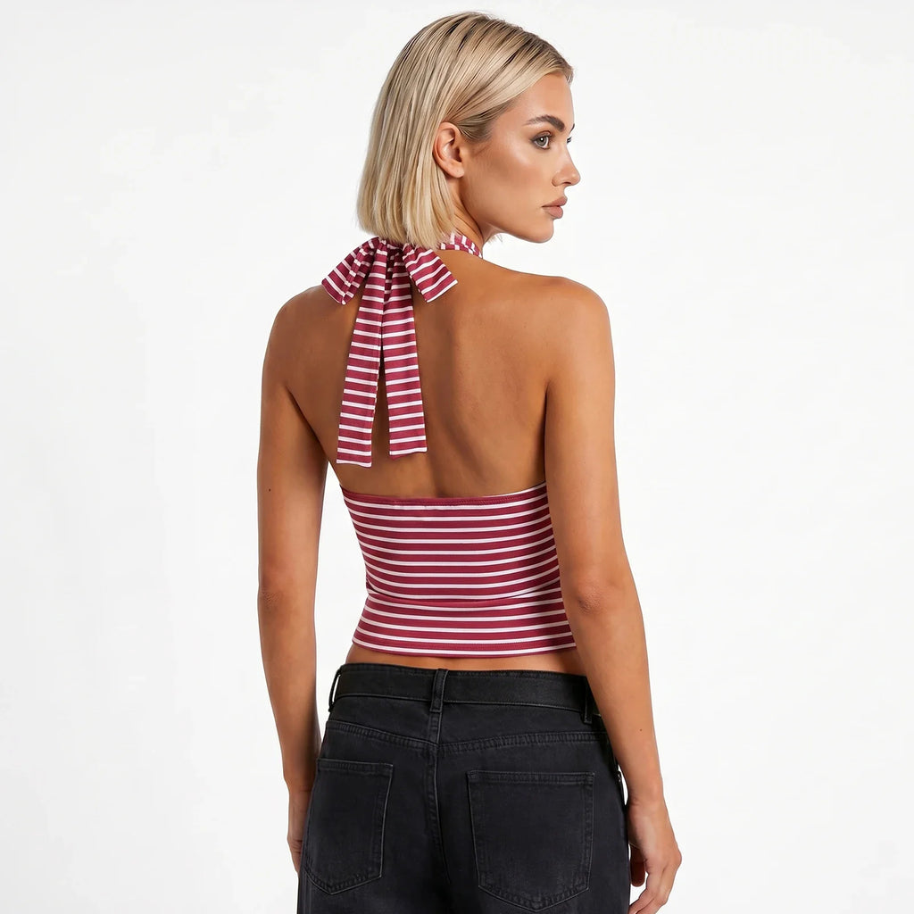 Women Striped Low Cut Tank Tops Slim Fit Cowl Neck Open Back Sleeveless Halter Crop Shirts Trendy Summer Streetwear